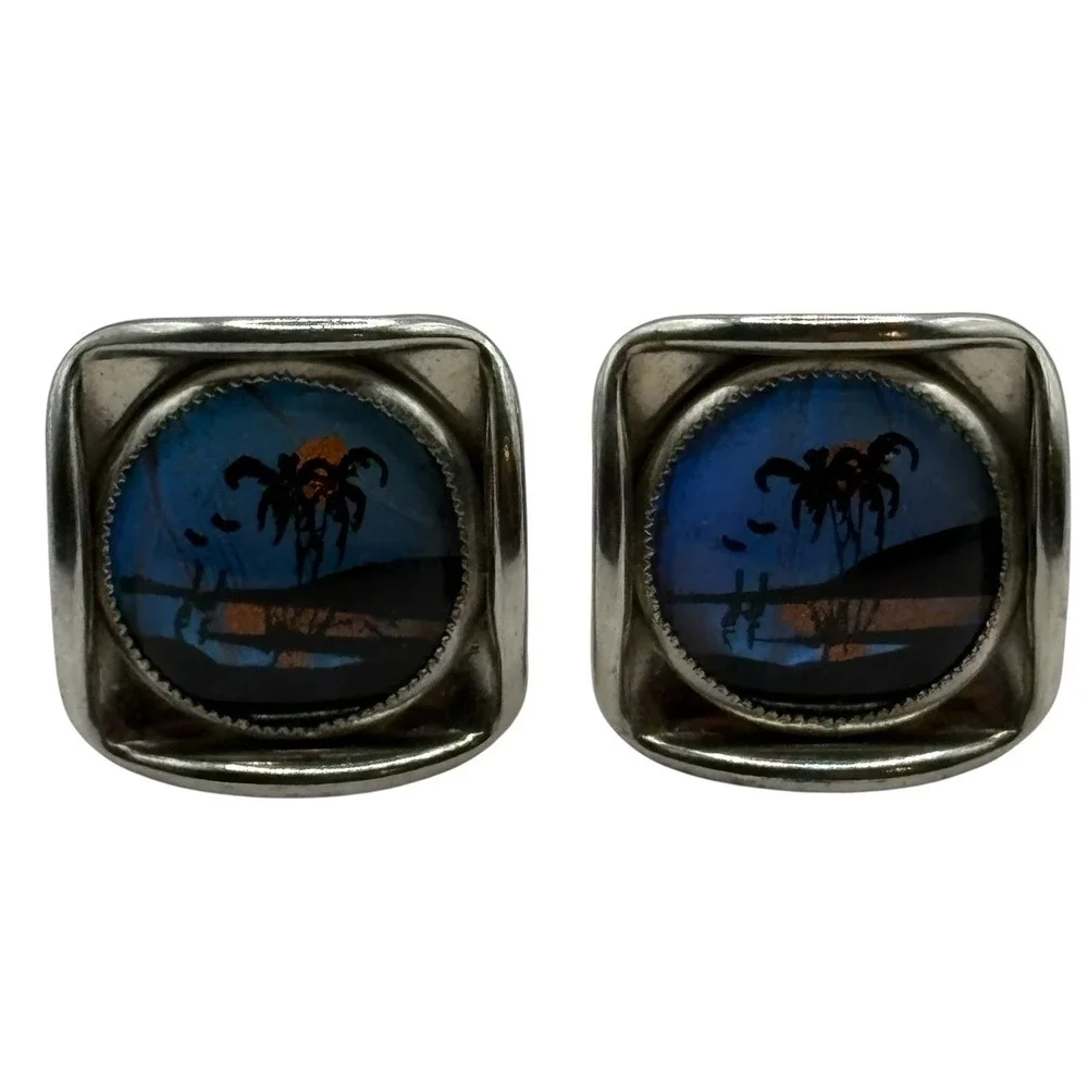 Tropical Island Cufflinks Beach Theme Vacation Vintage Silver‎ Tone Palm Trees
